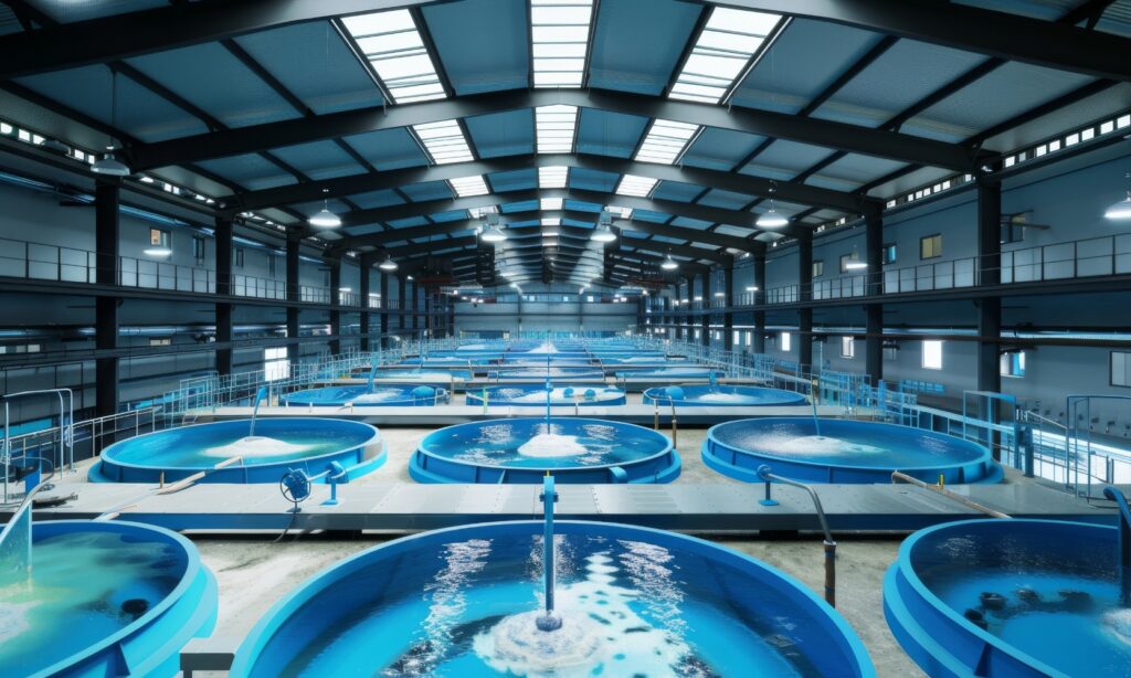 Image of an integrated multi-trophic aquaculture facility with rows of water tanks