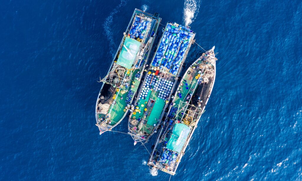 Aerial view image of three industrial fishing boats in the open ocean